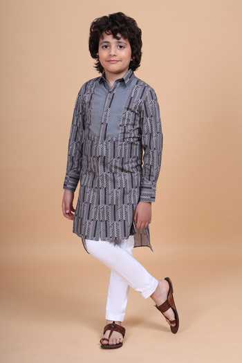Raghavendra Rathore Blue_Grey Cotton Asymmetric Printed Long Shirt Kurta _Online_at_Aza_Fashions