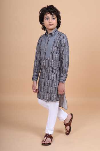 Buy_Raghavendra Rathore Blue_Grey Cotton Asymmetric Printed Long Shirt Kurta _Online_at_Aza_Fashions