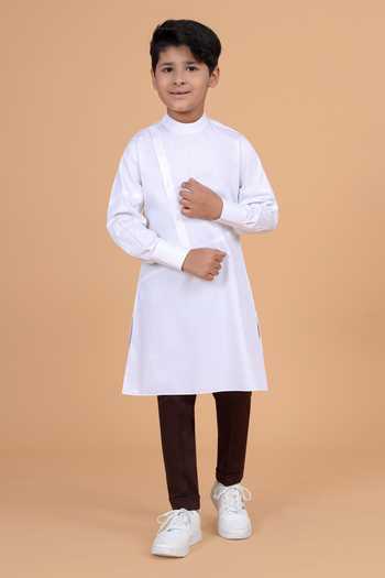 Raghavendra Rathore Blue_White Cotton Side Placket Asymmetric Shirt Kurta _Online_at_Aza_Fashions