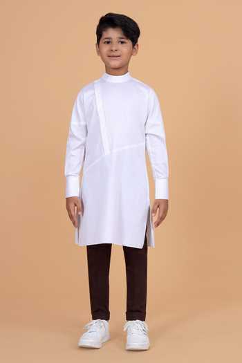 Shop_Raghavendra Rathore Blue_White Cotton Side Placket Asymmetric Shirt Kurta _Online_at_Aza_Fashions