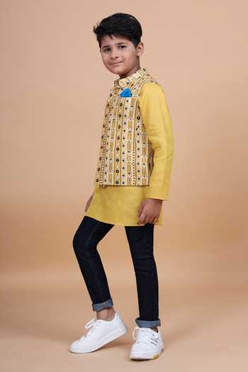 Raghavendra Rathore Blue_Yellow Cotton Printed Waistcoat _Online_at_Aza_Fashions