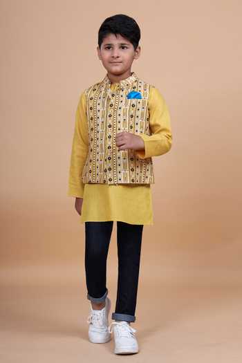 Buy_Raghavendra Rathore Blue_Yellow Cotton Printed Waistcoat _Online_at_Aza_Fashions
