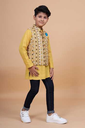 Shop_Raghavendra Rathore Blue_Yellow Cotton Printed Waistcoat _Online_at_Aza_Fashions
