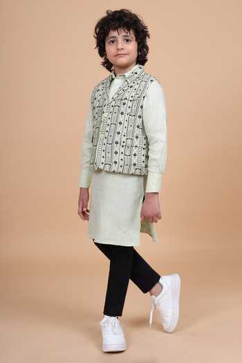 Raghavendra Rathore Blue_Beige Silk, Linen Printed Lapel Waistcoat _Online_at_Aza_Fashions