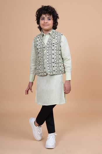 Buy_Raghavendra Rathore Blue_Beige Silk, Linen Printed Lapel Waistcoat _Online_at_Aza_Fashions