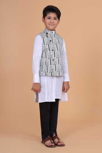 Raghavendra Rathore Blue_Black Cotton Printed Off Center Waistcoat _Online_at_Aza_Fashions