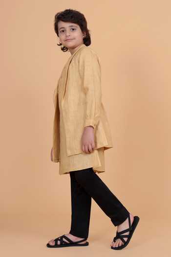 Raghavendra Rathore Blue_Beige Cotton The Lapel Long Waistcoat _Online_at_Aza_Fashions