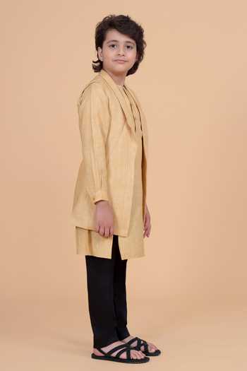 Buy_Raghavendra Rathore Blue_Beige Cotton The Lapel Long Waistcoat _Online_at_Aza_Fashions