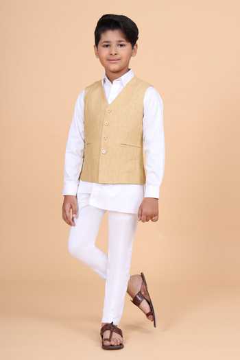 Raghavendra Rathore Blue_Beige Cotton The V Neck Short Waistcoat _Online_at_Aza_Fashions
