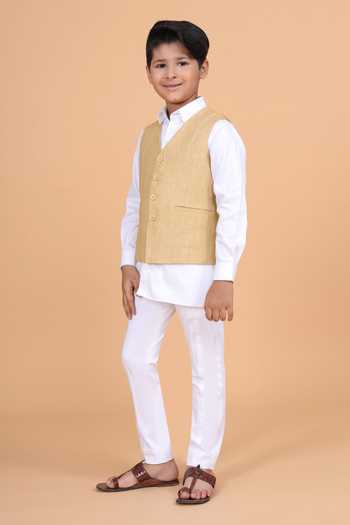 Buy_Raghavendra Rathore Blue_Beige Cotton The V Neck Short Waistcoat _Online_at_Aza_Fashions