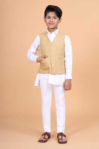 Shop_Raghavendra Rathore Blue_Beige Cotton The V Neck Short Waistcoat _Online_at_Aza_Fashions