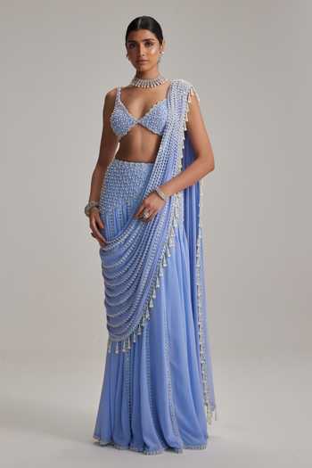 Vvani by vani vats Linear Mirror & Pearl Work Draped Saree Set 