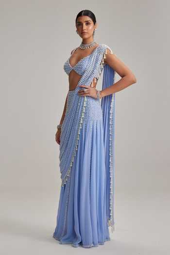 Vvani by vani vats_Sky Blue Georgette Pearls, Tassels, Mirrors, Linear And Work Draped Saree Set _Online_at_Aza_Fashions