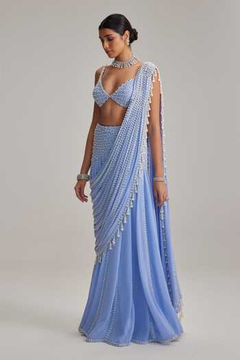 Buy_Vvani by vani vats_Sky Blue Georgette Pearls, Tassels, Mirrors, Linear And Work Draped Saree Set _Online_at_Aza_Fashions