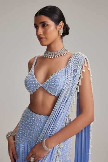 Shop_Vvani by vani vats_Sky Blue Georgette Pearls, Tassels, Mirrors, Linear And Work Draped Saree Set _Online_at_Aza_Fashions