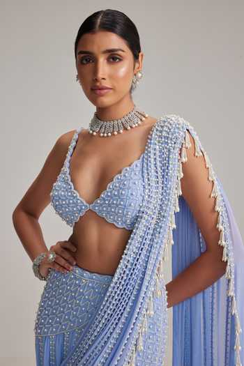 Vvani by vani vats_Sky Blue Georgette Pearls, Tassels, Mirrors, Linear And Work Draped Saree Set _at_Aza_Fashions