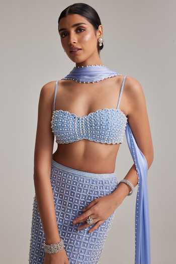 Vvani By Vani Vats Sky Blue Net, Georgette, Satin Pearls, Beads Sweetheart Dew Pencil Skirt Set Online at Aza Fashions Vvani By Vani Vats_Sky Blue Net, Georgette, Satin Pearls, Beads Sweetheart Dew Pencil Skirt Set _Online_at_Aza_Fashions