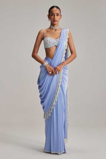Vvani by vani vats Dew Blue Satin Draped Saree Set 
