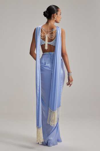 Shop Vvani By Vani Vats Sky Blue Georgette, Satin Mirrors, Pearls, Embroidery Dew Draped Skirt Set at Aza Fashions Shop_Vvani By Vani Vats_Sky Blue Georgette, Satin Mirrors, Pearls, Embroidery Dew Draped Skirt Set _at_Aza_Fashions