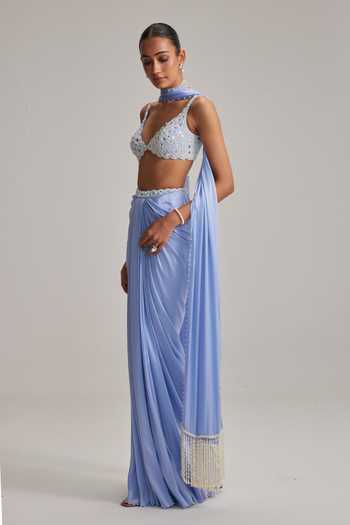 Vvani By Vani Vats Sky Blue Georgette, Satin Mirrors, Pearls, Embroidery Dew Draped Skirt Set Online at Aza Fashions Vvani By Vani Vats_Sky Blue Georgette, Satin Mirrors, Pearls, Embroidery Dew Draped Skirt Set _Online_at_Aza_Fashions