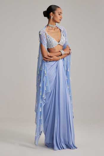 Buy_Vvani By Vani Vats_Sky Blue Satin, Georgette Pearls, Mirrors, Beads Dew Cape And Draped Skirt Set _Online_at_Aza_Fashions