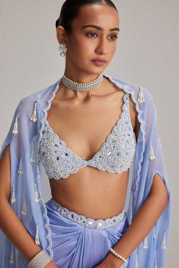 Buy_Vvani By Vani Vats_Sky Blue Satin, Georgette Pearls, Mirrors, Beads Dew Cape And Draped Skirt Set 