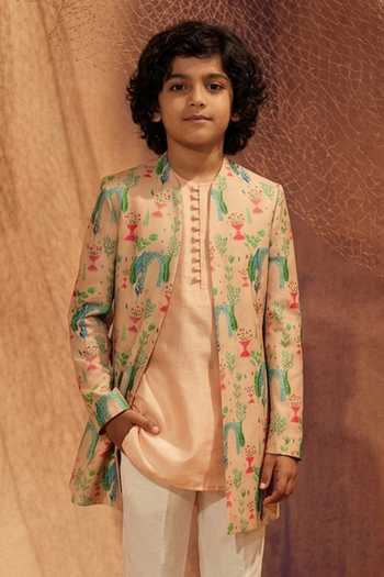 Eleven Brothers Beige Silk, Cotton Printed Jacket And Kurta Set Online at Aza Fashions Eleven Brothers_Beige Silk, Cotton Printed Jacket And Kurta Set _Online_at_Aza_Fashions