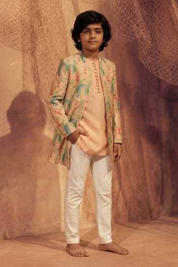 Buy Eleven Brothers Beige Silk, Cotton Printed Jacket And Kurta Set Online at Aza Fashions Buy_Eleven Brothers_Beige Silk, Cotton Printed Jacket And Kurta Set _Online_at_Aza_Fashions