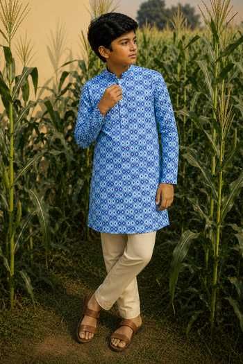 Buy Eleven Brothers Blue Silk, Cotton Geometric Print Kurta Set Online at Aza Fashions Buy_Eleven Brothers_Blue Silk, Cotton Geometric Print Kurta Set _Online_at_Aza_Fashions