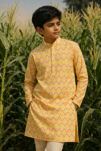 Eleven Brothers Yellow Silk, Cotton Printed Kurta Set Online at Aza Fashions Eleven Brothers_Yellow Silk, Cotton Printed Kurta Set _Online_at_Aza_Fashions