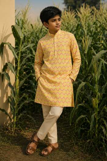 Buy Eleven Brothers Yellow Silk, Cotton Printed Kurta Set Online at Aza Fashions Buy_Eleven Brothers_Yellow Silk, Cotton Printed Kurta Set _Online_at_Aza_Fashions