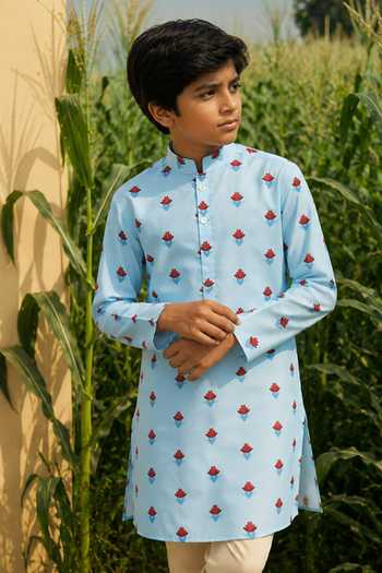 Eleven Brothers Blue Silk, Cotton Printed Kurta And Pant Set Online at Aza Fashions Eleven Brothers_Blue Silk, Cotton Printed Kurta And Pant Set _Online_at_Aza_Fashions