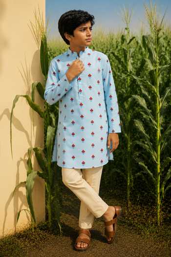 Buy Eleven Brothers Blue Silk, Cotton Printed Kurta And Pant Set Online at Aza Fashions Buy_Eleven Brothers_Blue Silk, Cotton Printed Kurta And Pant Set _Online_at_Aza_Fashions