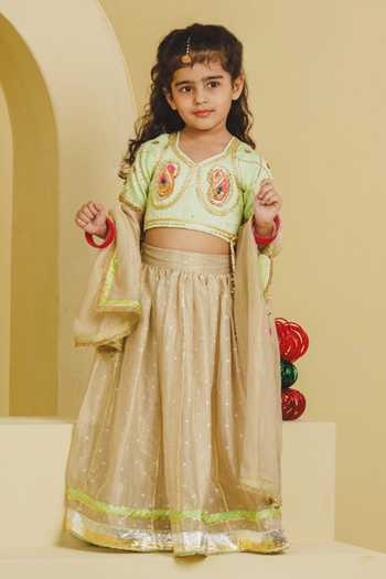 Fayon Kids Beige Organza, Tissue, Taffeta Aangi Work Green Blouse Lehenga Set Online at Aza Fashions Fayon Kids_Beige Organza, Tissue, Taffeta Aangi Work Green Blouse Lehenga Set _Online_at_Aza_Fashions