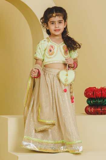 Fayon Kids Aangi Work Green Blouse Lehenga Set