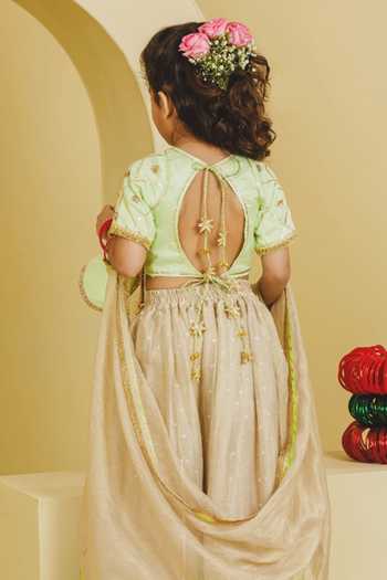 Fayon Kids Aangi Work Green Blouse Lehenga Set