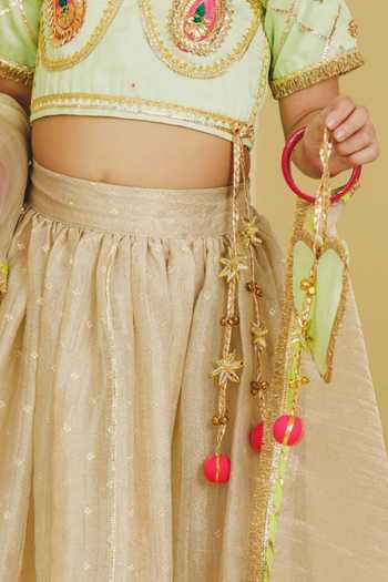 Buy Fayon Kids Beige Organza, Tissue, Taffeta Aangi Work Green Blouse Lehenga Set Online at Aza Fashions Buy_Fayon Kids_Beige Organza, Tissue, Taffeta Aangi Work Green Blouse Lehenga Set _Online_at_Aza_Fashions
