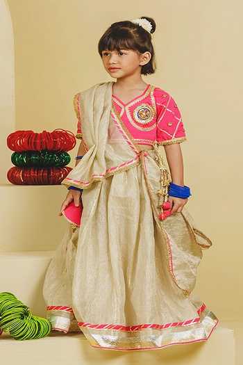 Fayon Kids Aangi Work Pink Blouse Lehenga Set