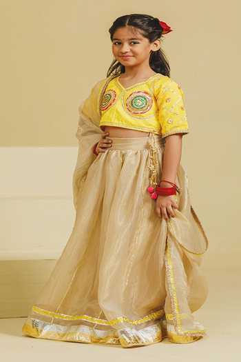 Fayon Kids_Beige Organza, Tissue, Taffeta Aangi Work Yellow Blouse Lehenga Set _Online_at_Aza_Fashions