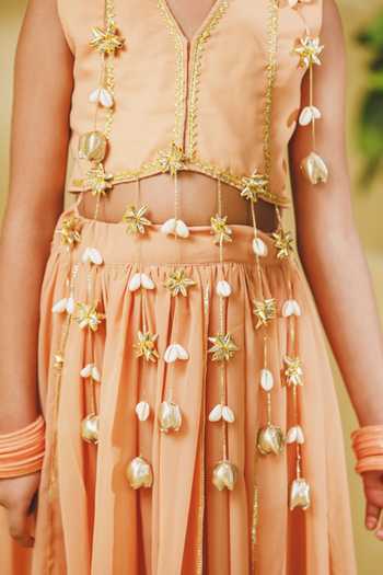 Fayon Kids_Peach Georgette Tasselled Blouse And Lehenga Set _Online_at_Aza_Fashions
