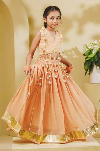 Buy_Fayon Kids_Peach Georgette Tasselled Blouse And Lehenga Set _Online_at_Aza_Fashions