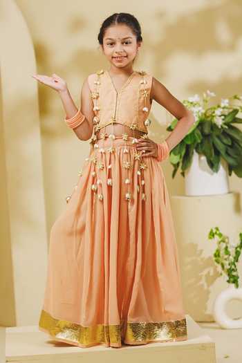 Fayon Kids Peach Tasselled Blouse & Lehenga Set