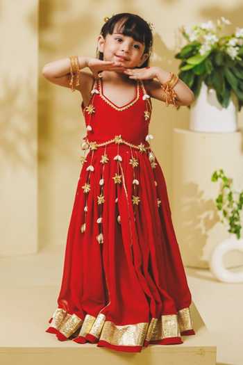 Fayon Kids_Red Georgette Tasselled Blouse And Lehenga Set _Online_at_Aza_Fashions