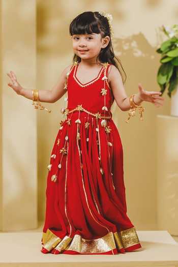 Fayon Kids Red Tasselled Blouse & Lehenga Set