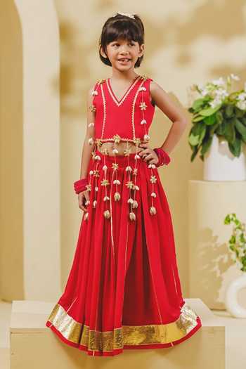 Fayon Kids Pink Tasselled Blouse & Lehenga Set