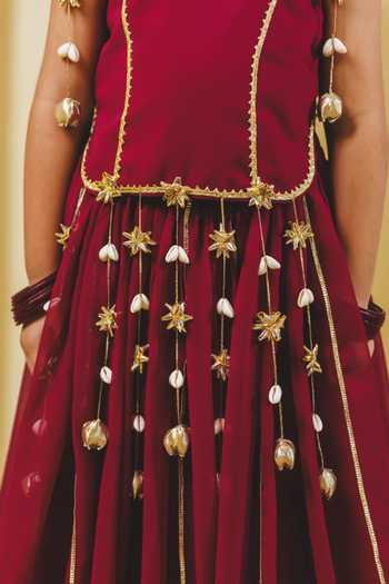 Fayon Kids_Maroon Georgette Tasselled Top And Lehenga Set _Online_at_Aza_Fashions