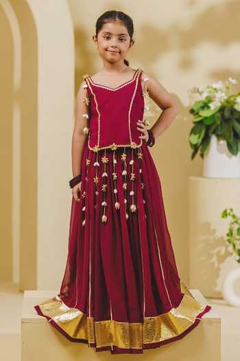 Fayon Kids Maroon Tasselled Top & Lehenga Set