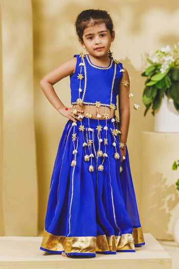 Fayon Kids Blue Tasselled Blouse & Lehenga Set