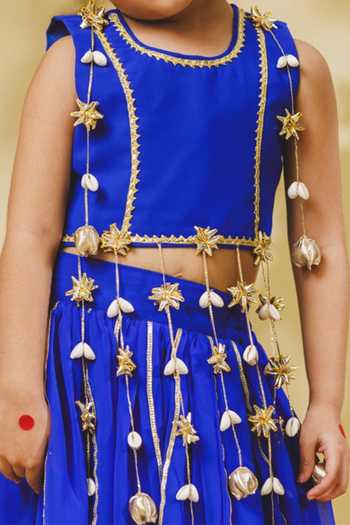 Fayon Kids_Blue Georgette Tasselled Blouse And Lehenga Set _Online_at_Aza_Fashions