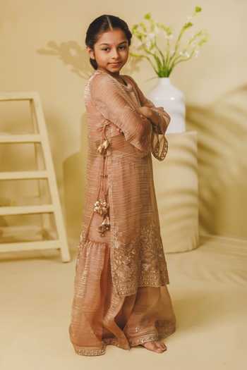 Fayon Kids_Peach Organza, Tissue Embroidered Long Kurta With Sharara _Online_at_Aza_Fashions